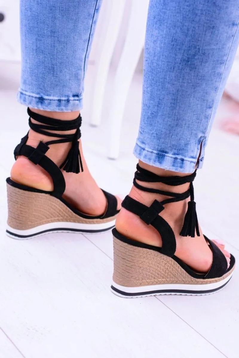 Outlet Boto Damskie Czarne Sandały Na Koturnie Platter