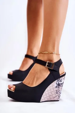 Clearance Boto Damskie Czarne Sandały Na Koturnie Nemesis