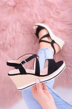 Discount Damskie Czarne Sandały Na Koturnie Showen Damskie Sandały Na Koturnie