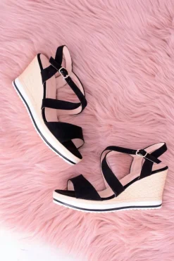 Discount Damskie Czarne Sandały Na Koturnie Showen Damskie Sandały Na Koturnie