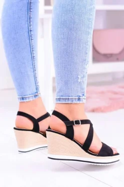 Discount Damskie Czarne Sandały Na Koturnie Showen Damskie Sandały Na Koturnie