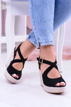 Sale Boto Damskie Czarne Sandały Na Koturnie Espadryle Elonore