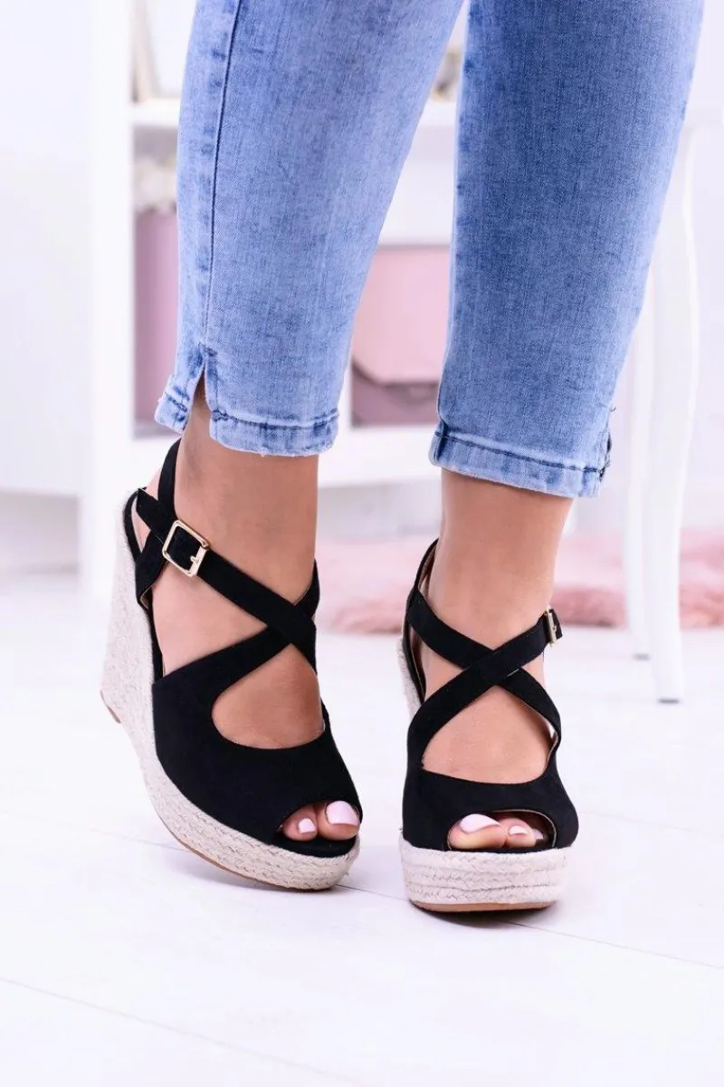 Sale Boto Damskie Czarne Sandały Na Koturnie Espadryle Elonore