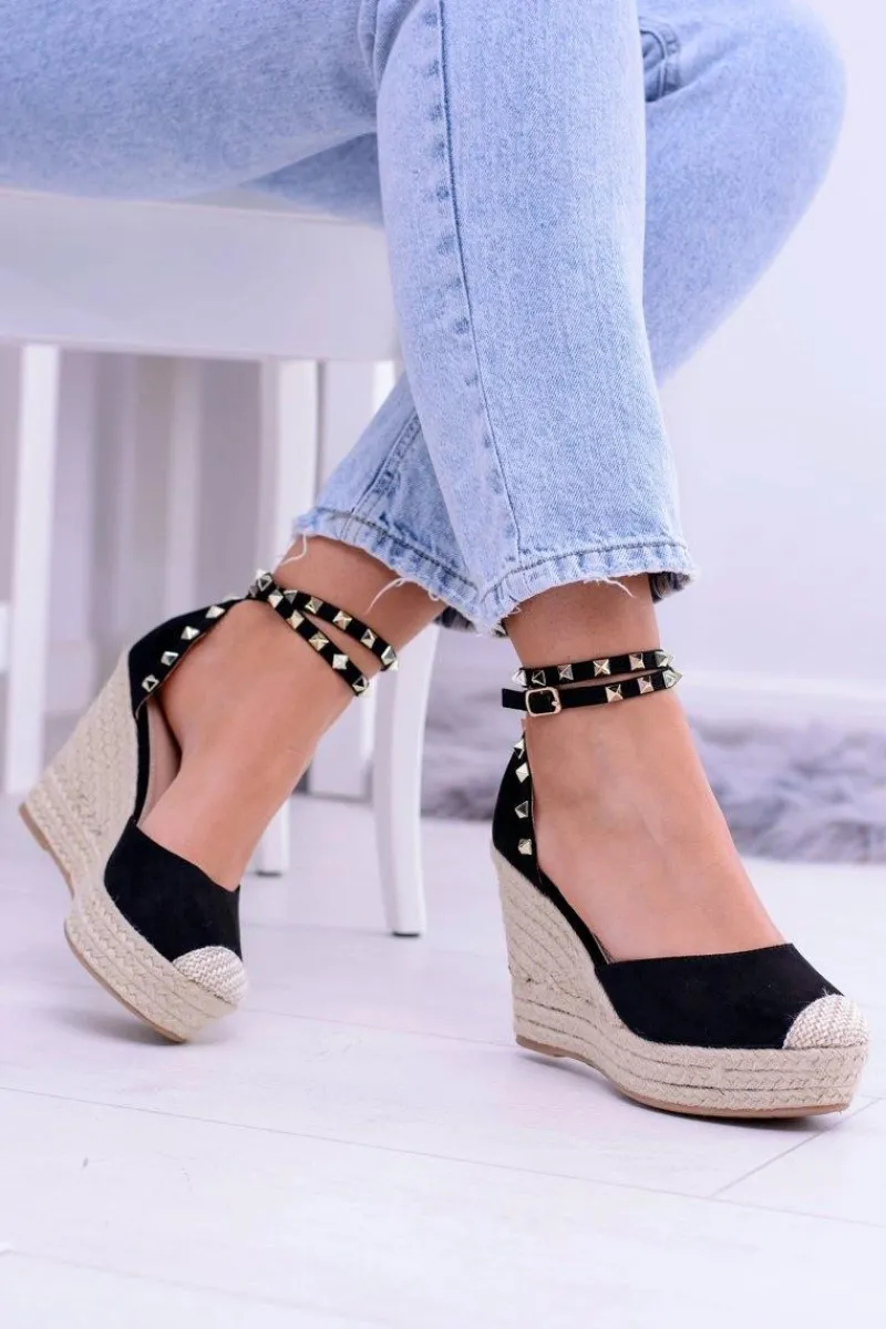 Outlet Boto Damskie Czarne Sandały Na Koturnie Espadryle Aude