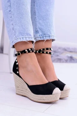 Outlet Boto Damskie Czarne Sandały Na Koturnie Espadryle Aude