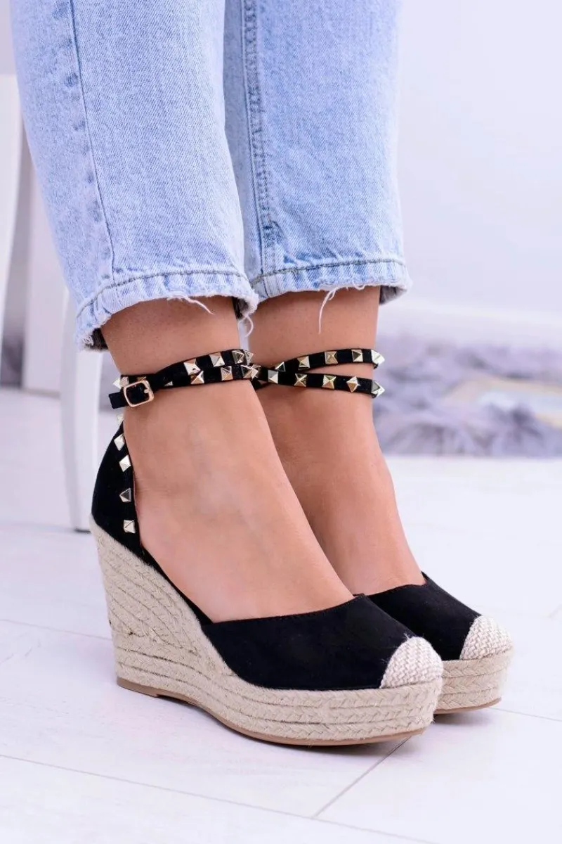 Outlet Boto Damskie Czarne Sandały Na Koturnie Espadryle Aude