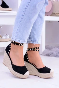 Outlet Boto Damskie Czarne Sandały Na Koturnie Espadryle Aude