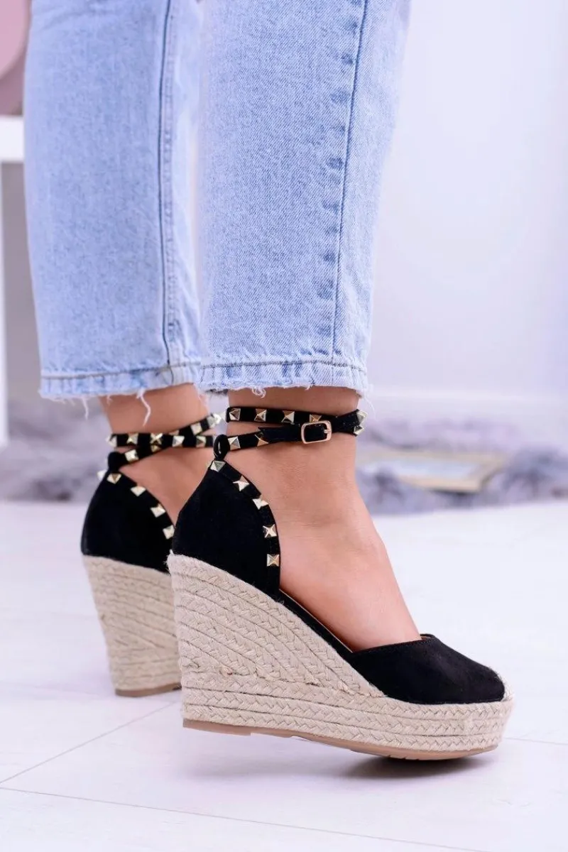 Outlet Boto Damskie Czarne Sandały Na Koturnie Espadryle Aude