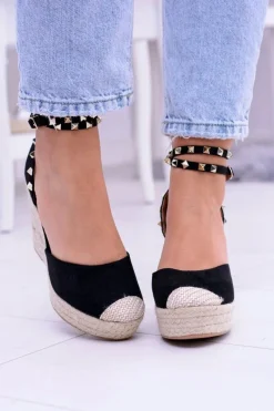 Outlet Boto Damskie Czarne Sandały Na Koturnie Espadryle Aude