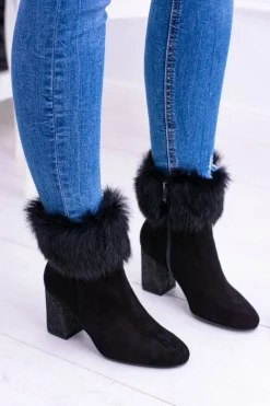 Botki Na Słupku|Botki Na Obcasie>Laura Messi Damskie Czarne Zamszowe Botki Z Futrem 1689