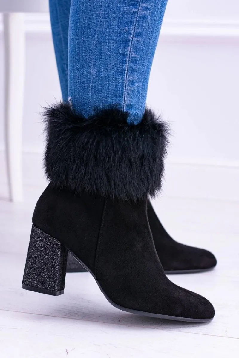 Botki Na Słupku|Botki Na Obcasie>Laura Messi Damskie Czarne Zamszowe Botki Z Futrem 1689
