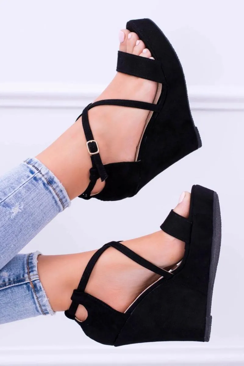 Hot Damskie Czarne Zamszowe Sandały Na Koturnie Eline Damskie Sandały Na Koturnie