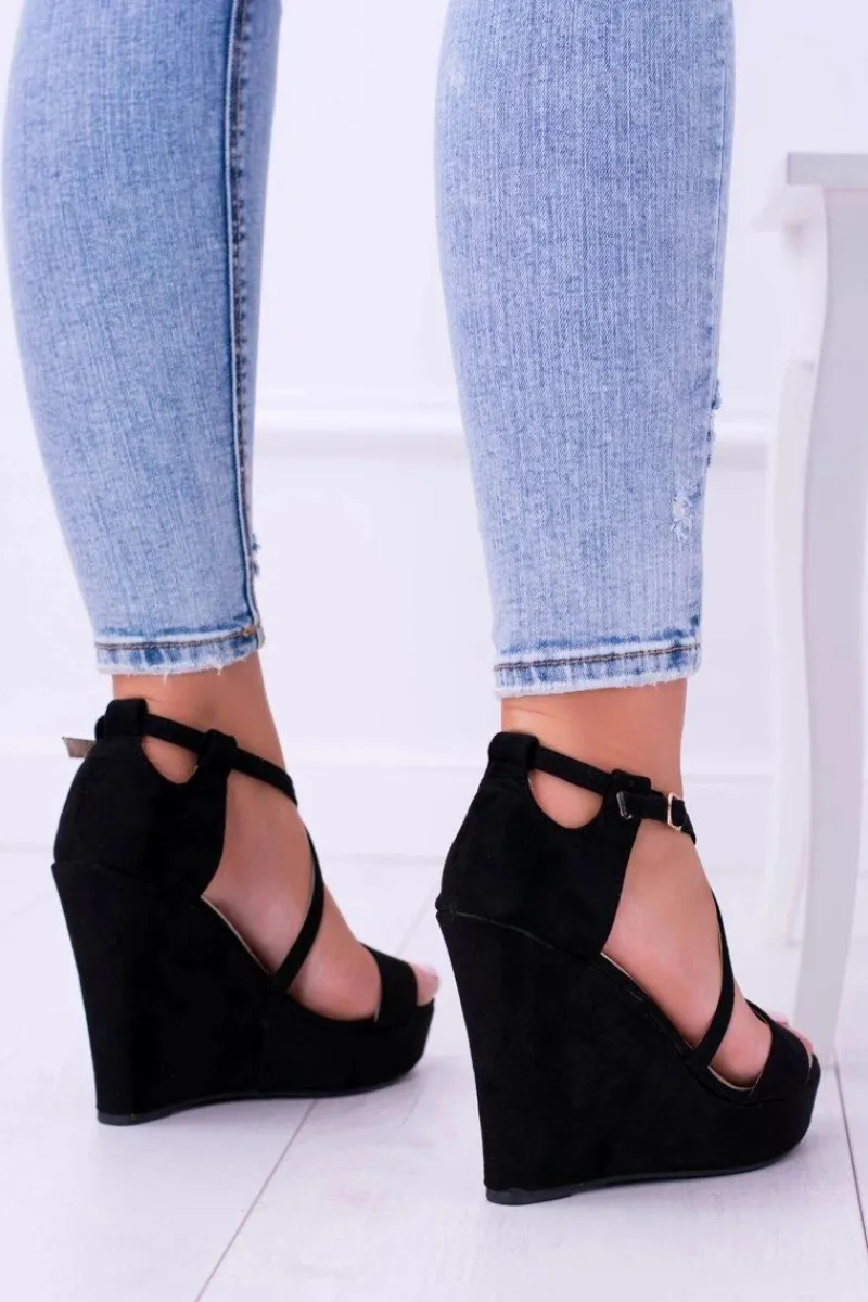 Hot Damskie Czarne Zamszowe Sandały Na Koturnie Eline Damskie Sandały Na Koturnie