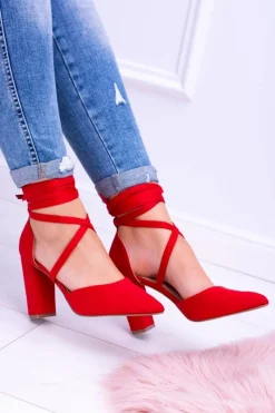 Outlet Damskie Czółenka Na Słupku Wiązane Czerwone Demmi Damskie Czółenka Zamszowe|Czółenka Na Słupku