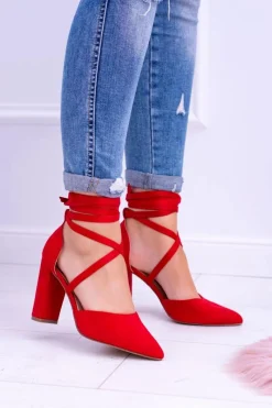 Outlet Damskie Czółenka Na Słupku Wiązane Czerwone Demmi Damskie Czółenka Zamszowe|Czółenka Na Słupku