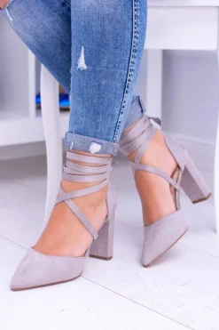 New Boto Damskie Czółenka Na Słupku Wiązane Szare Demmi