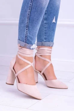 Clearance Boto Damskie Czółenka Na Słupku Wiązane Beżowe Demmi