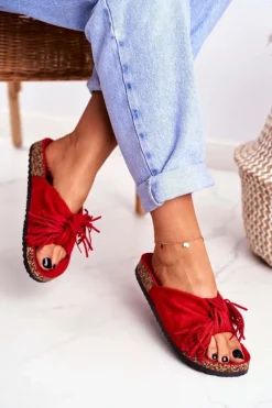 Online Boto Damskie Czerwone Klapki Na Korku Frędzle Marina