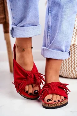 Online Boto Damskie Czerwone Klapki Na Korku Frędzle Marina