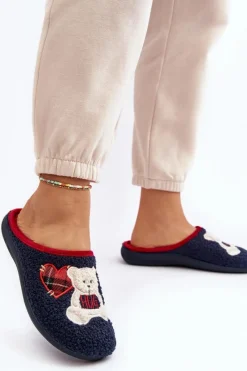 Sale Damskie Domowe Klapki Kapcie Z Misiem EC000095 Granatowe Damskie Kapcie Klasyczne|Klapki Damskie Klasyczne
