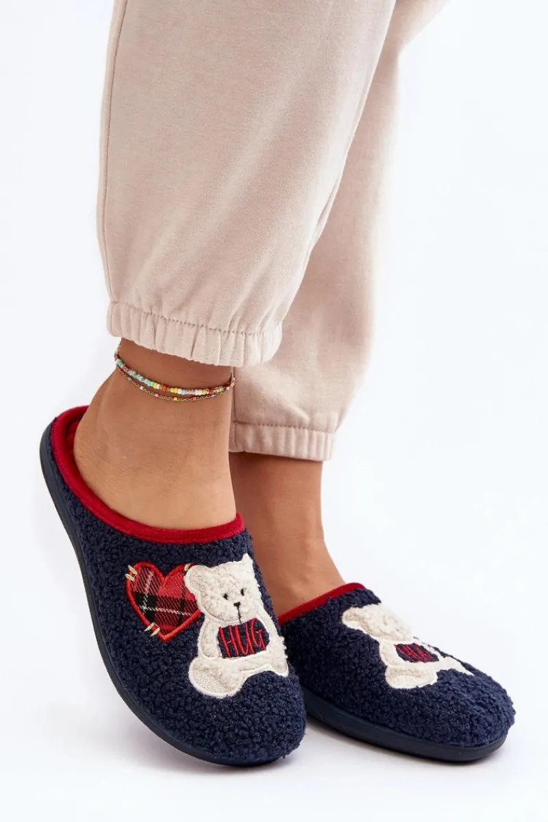 Sale Damskie Domowe Klapki Kapcie Z Misiem EC000095 Granatowe Damskie Kapcie Klasyczne|Klapki Damskie Klasyczne