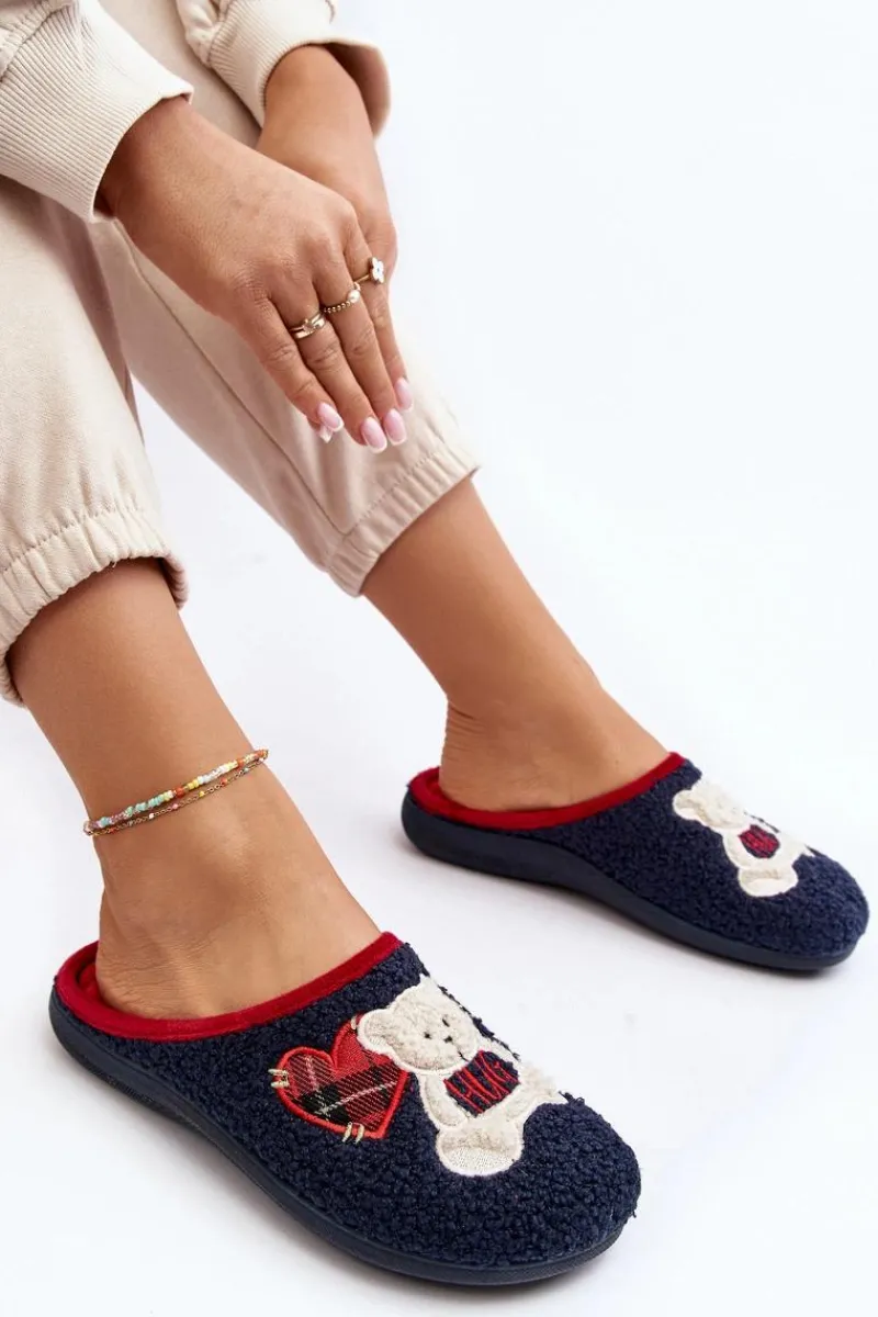 Sale Damskie Domowe Klapki Kapcie Z Misiem EC000095 Granatowe Damskie Kapcie Klasyczne|Klapki Damskie Klasyczne