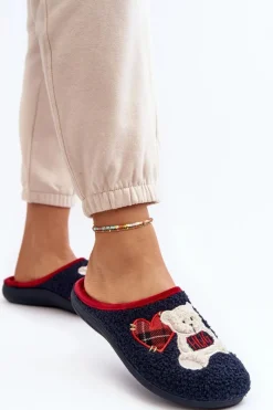 Sale Damskie Domowe Klapki Kapcie Z Misiem EC000095 Granatowe Damskie Kapcie Klasyczne|Klapki Damskie Klasyczne