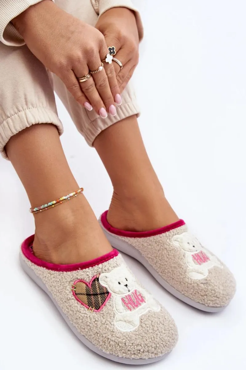 Hot INBLU Damskie Domowe Klapki Kapcie Z Misiem EC000095 Beżowe