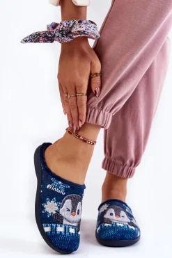 Best Damskie Domowe Klapki Papcie Pingwiny EC-81-004 Granatowe Damskie Kapcie Klasyczne|Klapki Damskie Klasyczne