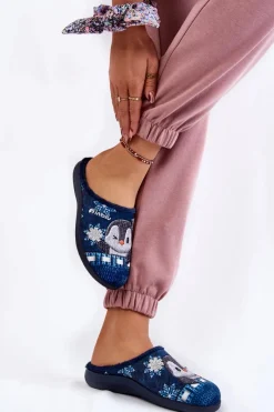 Best Damskie Domowe Klapki Papcie Pingwiny EC-81-004 Granatowe Damskie Kapcie Klasyczne|Klapki Damskie Klasyczne