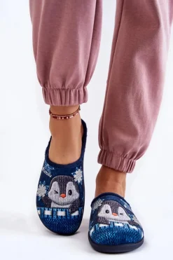 Best Damskie Domowe Klapki Papcie Pingwiny EC-81-004 Granatowe Damskie Kapcie Klasyczne|Klapki Damskie Klasyczne