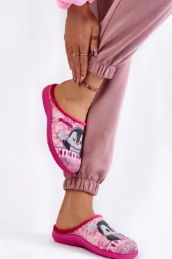 Kapcie Klasyczne|Klapki Damskie Klasyczne></noscript>INBLU Damskie Domowe Klapki Papcie Pingwiny EC-81-023 Różowe