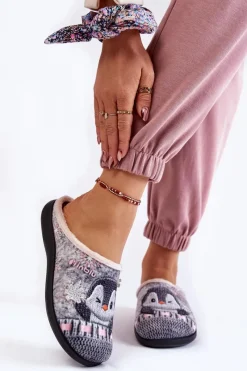 Hot INBLU Damskie Domowe Klapki Papcie Pingwiny EC-81-025 Szare