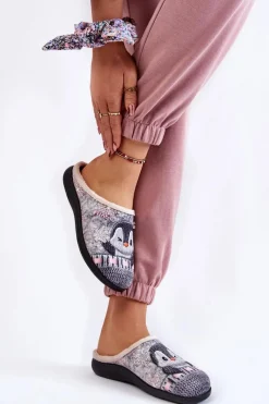 Hot INBLU Damskie Domowe Klapki Papcie Pingwiny EC-81-025 Szare