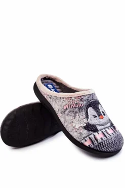 Hot INBLU Damskie Domowe Klapki Papcie Pingwiny EC-81-025 Szare