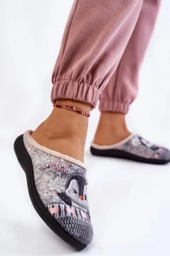 Hot INBLU Damskie Domowe Klapki Papcie Pingwiny EC-81-025 Szare