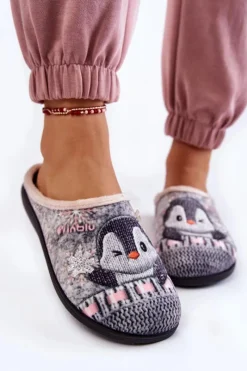 Hot INBLU Damskie Domowe Klapki Papcie Pingwiny EC-81-025 Szare