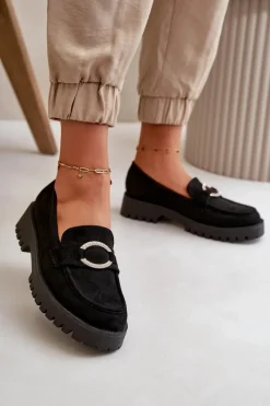 Loafersy Damskie|Mokasyny Damskie Zamszowe>Boto Damskie Eko Zamszowe Mokasyny Z Błyszczącym Detalem Czarne Avellina