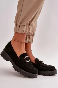 Loafersy Damskie|Mokasyny Damskie Zamszowe>Boto Damskie Eko Zamszowe Mokasyny Z Błyszczącym Detalem Czarne Avellina