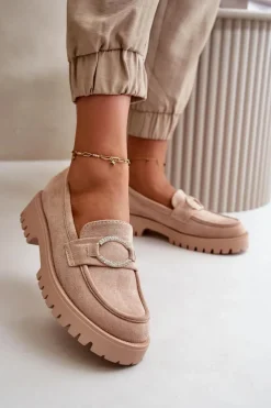 Damskie Eko Zamszowe Mokasyny Z Błyszczącym Detalem Beżowe Avellina Damskie Loafersy Damskie|Mokasyny Damskie Zamszowe