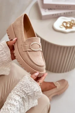 Damskie Eko Zamszowe Mokasyny Z Błyszczącym Detalem Beżowe Avellina Damskie Loafersy Damskie|Mokasyny Damskie Zamszowe