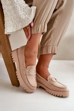 Damskie Eko Zamszowe Mokasyny Z Błyszczącym Detalem Beżowe Avellina Damskie Loafersy Damskie|Mokasyny Damskie Zamszowe