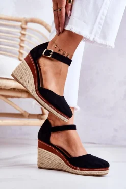 New Damskie Espadryle Na Koturnie Czarne Tamarill Damskie Sandały Na Koturnie|Czarne Espadryle