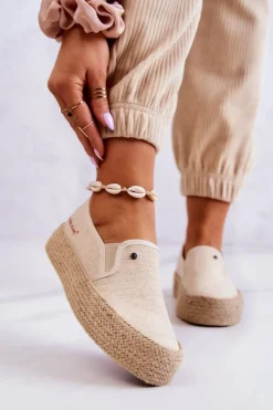 Czarne Espadryle></noscript>Cross Jeans Damskie Espadryle Na Platformie JJ2R4014C Beżowe