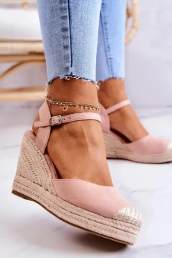 Discount Boto Damskie Espadryle Na Plecionej Platformie Różowe Canillo
