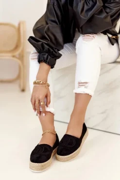 Damskie Espadryle Na Słomkowej Platformie Czarne Febi Damskie Czarne Espadryle