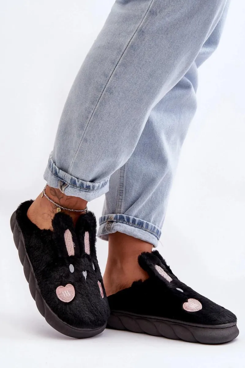 Kapcie Klasyczne>Boto Damskie Futrzane Kapcie Z Króliczkiem Czarne Naveritte
