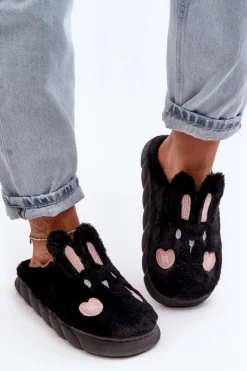 Kapcie Klasyczne>Boto Damskie Futrzane Kapcie Z Króliczkiem Czarne Naveritte