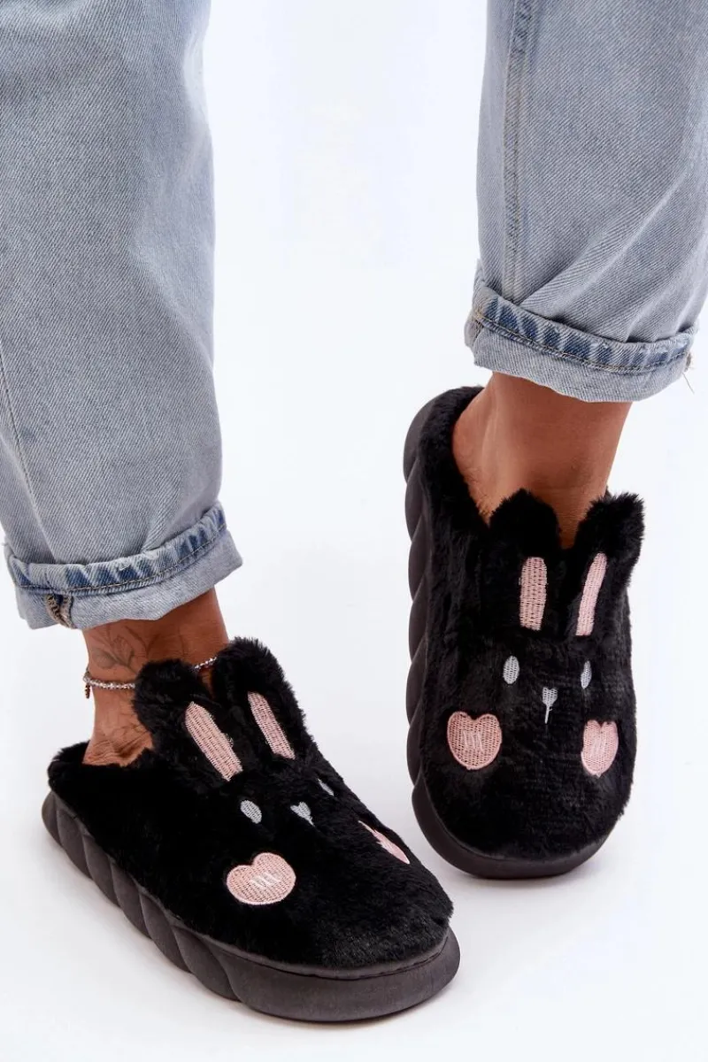 Kapcie Klasyczne>Boto Damskie Futrzane Kapcie Z Króliczkiem Czarne Naveritte