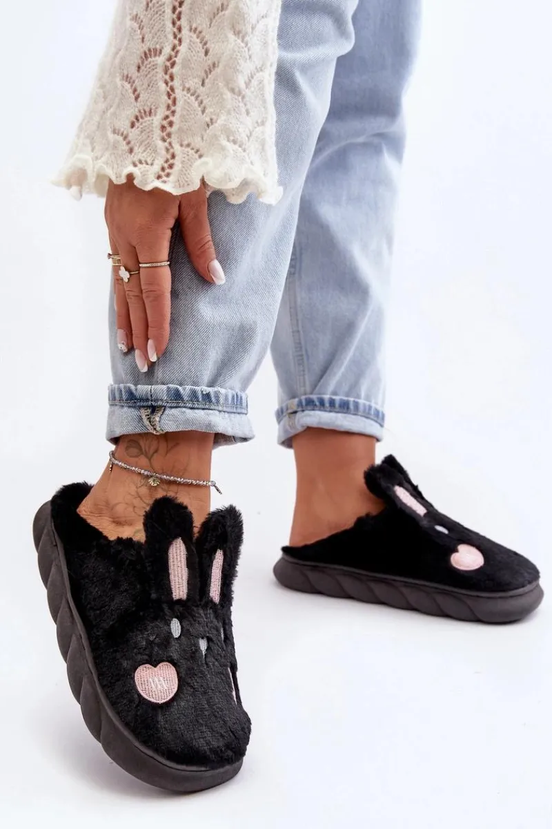 Kapcie Klasyczne>Boto Damskie Futrzane Kapcie Z Króliczkiem Czarne Naveritte